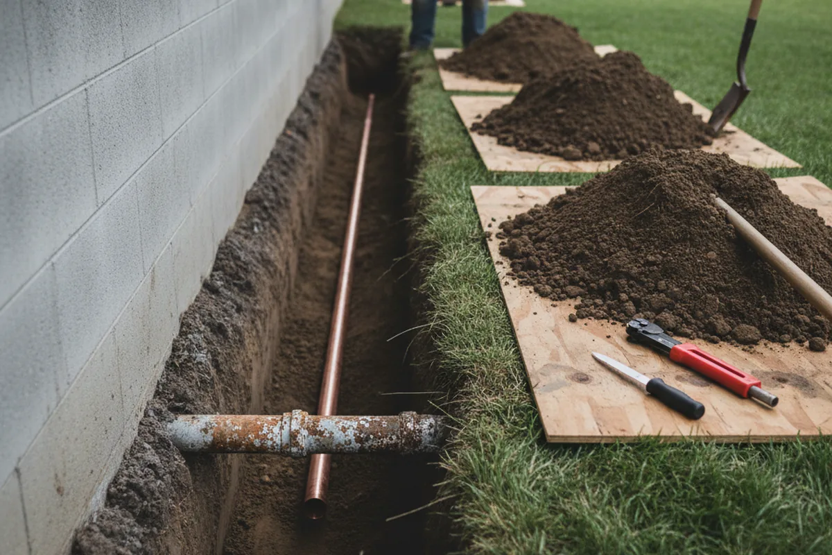 Excavated water line trench during Water Heater Repair in Azle